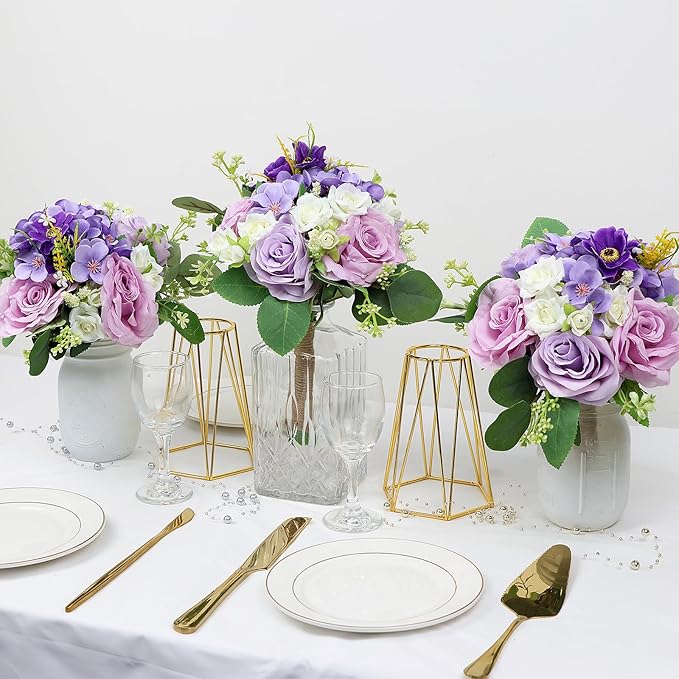 Set of 4 Bridesmaid Bouquets for Wedding - 7 Inch Artificial Flowers Bouquets for Ceremony Anniversary Centerpieces Decorations - Lilac & White