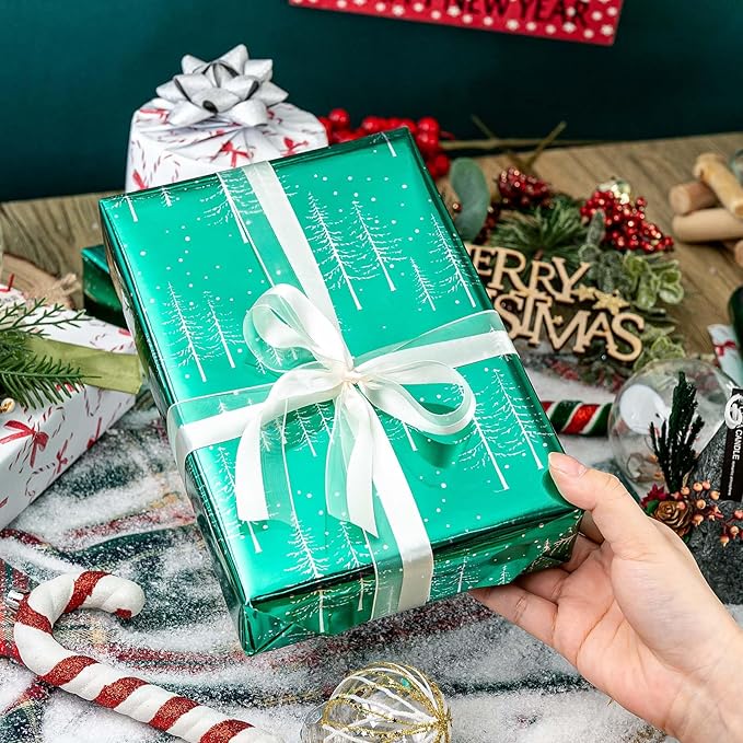 MAYPLUSS Green Christmas Wrapping Paper - 17 Inch X 33 Feet - Reversible Cute Bow Candy Cane Christmas Gift Wrapping Paper, Metallic Foil Thick Gift Wrap Paper for Holiday Party New Year Kids