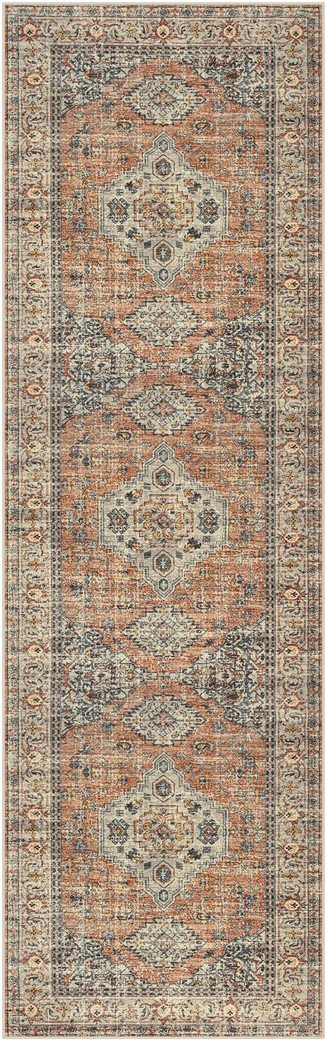 Lahome Oriental Hallway Runner Rug, 2.5x8 Kitchen Runner Non Slip Ultra-Thin, Soft Washable Hallway Rug Distressed Non Shedding Long Carpet for Entryway Laundry Room Bathroom, Peach/Orange