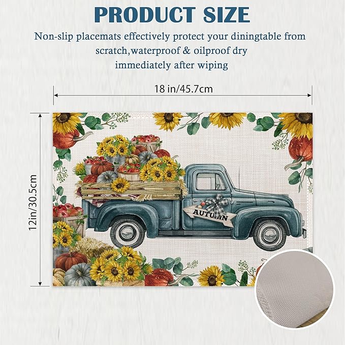 Thanksgiving Placemats Set of 4, Pumpkin Autumn Truck Place Mats Heat Resistant Washable Non-Slip Table Mats for Party Kitchen Dining Decor 12x18 Inch