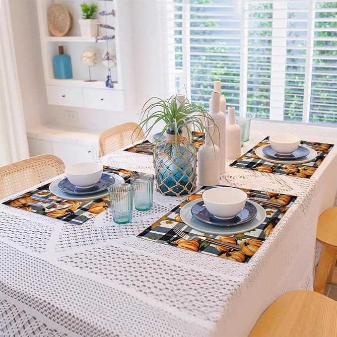 Halloween Pumpkin Placemats Set of 6, Washable Linen Place Mats, Black Buffalo Plaid Table Mats for Kitchen Dining Table Decor Heat Resistant Tablemats 12x18
