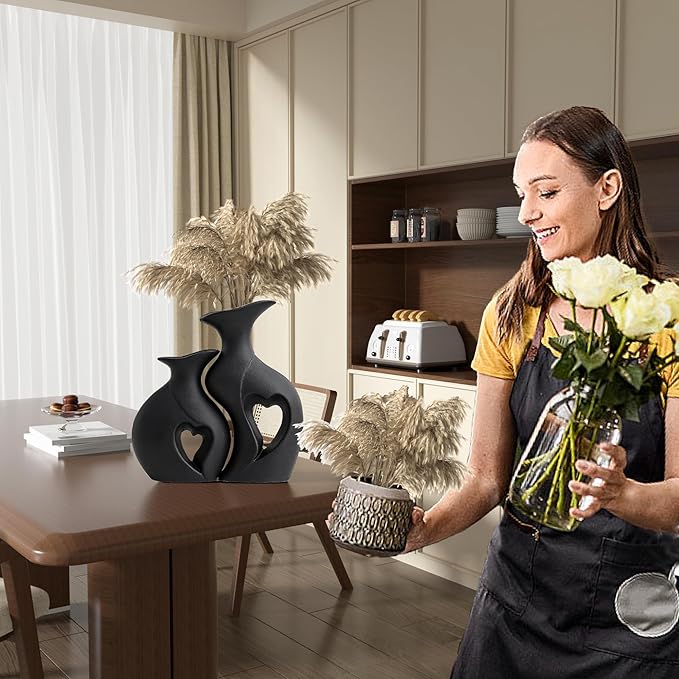 Black Ceramic Vase Set of 2,Filled with Love,Modern Minimalist Bohemian Vases Home Decor,Heart Shape Matte Ceramic Vases for Dinner Table Bookshelf Modern Home Console