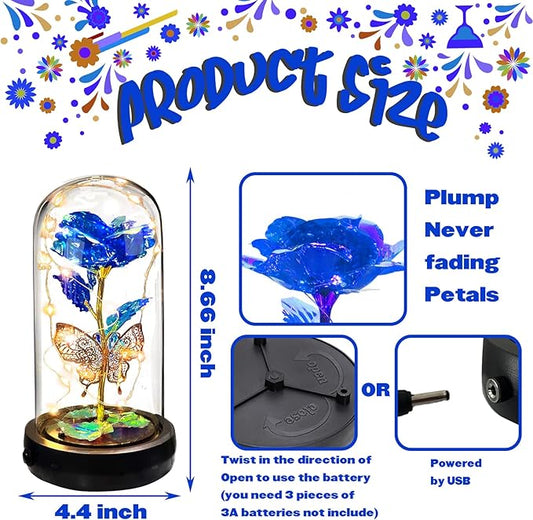 Birthday Rose Flower Gifts for Women, Mothers Day Glass Rose Gift for Mom from Daughter Son, Colorful Blue Rainbow Rose in Glass Dome with Music Box, Light Up Rose in Glass Dome for Her Wife Grandma