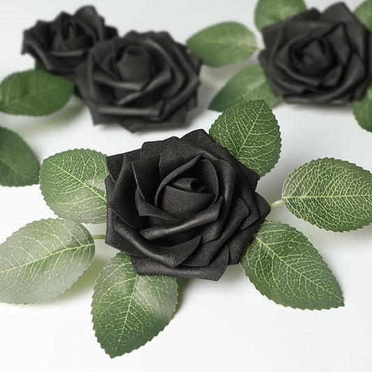 Mocoosy 50Pcs Black Roses Artificial Flowers, Fake Roses for Decorations, Real Touch Foam Rose Bulk with Stem Gothic Wedding Bouquet DIY Floral Arrangements Bridal Shower Valentine's Party Table Decor
