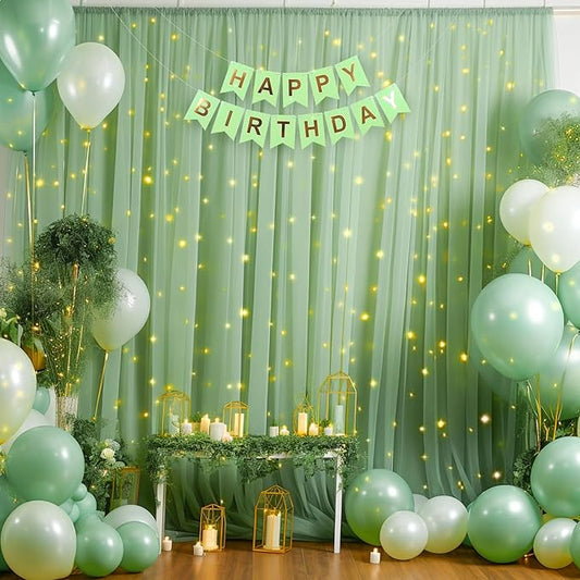 20ft x 10ft Green Backdrop Curtain with Lights String for Parties, Sheer Tulle Wedding Photo Backdrops Drapes for Baby Shower Birthday Party Decorations Background for Photography