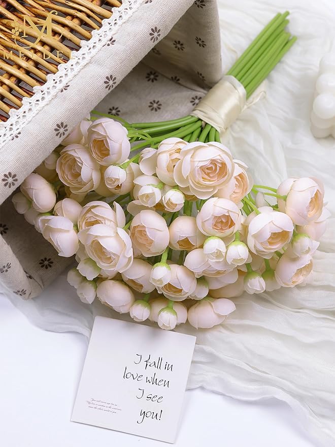 Meldel 32Pcs Ranunculus Artificial Flower, Faux Light Champagne Ranunculus Flowers for DIY Bouquet, Bulk Fake Peony Wedding Filler Flowers for Centerpieces Arrangements Bridal Shower Decorations
