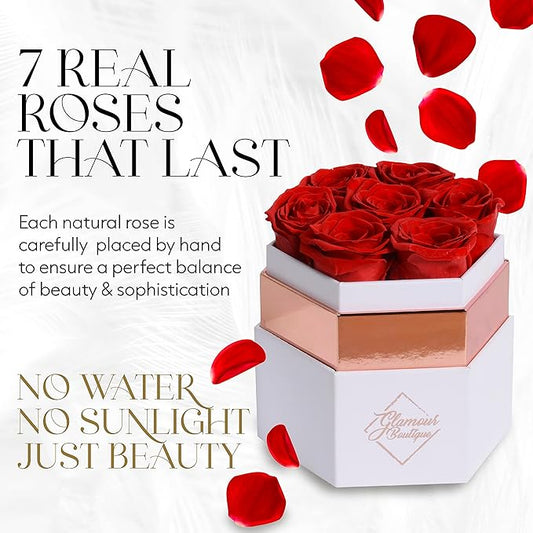 GLAMOUR BOUTIQUE Eternal Preserved Roses in a Box - Flowers Forever, Rose Forever in a Box for Wife, Birthday Gifts for Her, 7 Roses, Red