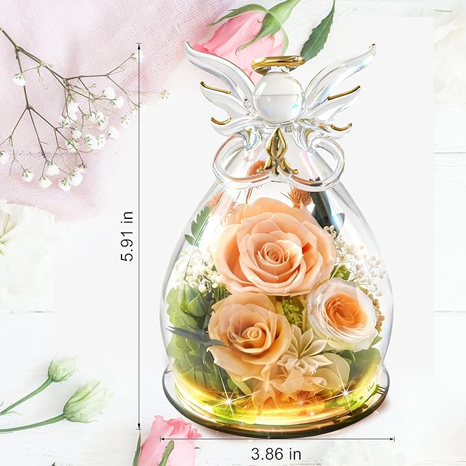 Preserved Rose Christmas Gifts for Women, Forever Flower in Glass Fresh Flowers for Delivery, Real Rose Angel Figurine Decor for Mom, Grandma, Mother’s Day, Valentine’s Day, Birthday, Xmas Gift