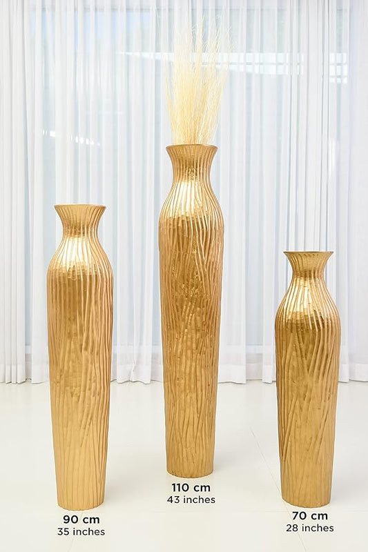 LEEWADEE Large Floor Vase – Handmade Flower Holder Made of Wood, Sophisticated Vessel for Decorative Branches and Dried Flowers, 36 inches, Golden