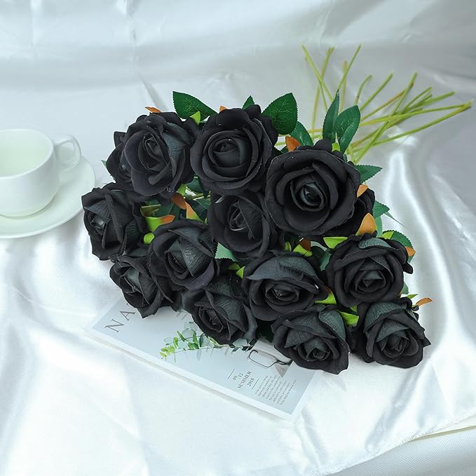 SITUMEIZI 15PCS Black Artificial Roses Silk Flowers Fake Roses Realistic Bouquet Long Stem with Gift Box for Mother's Gift Day Home Party Wedding Decorations
