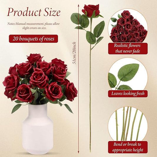 Hotop 20 Pcs Artificial Rose Flowers with Long Stem,Real Touch Silk Realistic Plastic Bouquet Roses Bulk for Home Decor Bridal Wedding Party Table Centerpieces Decorations(Wine Red)