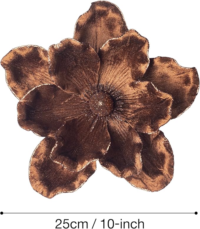 KI Store Brown Velvet Magnolia Flowers Pack of 6 Oversize Artificial Christmas Poinsettia Floral Picks Stems for Xmas Tree Wedding Centerpiece Decorations