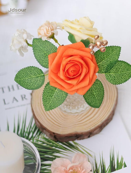 50pcs Artificial Flower,Real Touch Foam Roses w/Stem DIY for Wedding Bouquet Centerpieces Party Shower Home Decor-Yellow Orange