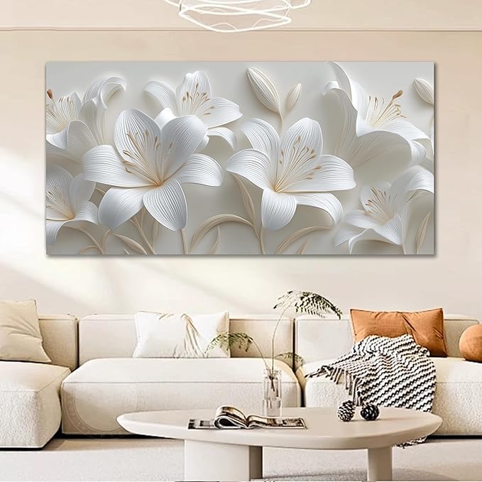 Tarfupth Large Floral Wall Art for Living Room White Flowers Artwork for Bedroom Teen Girls Room Office Kitchen Home Decor Canvas Prints 29"x58"