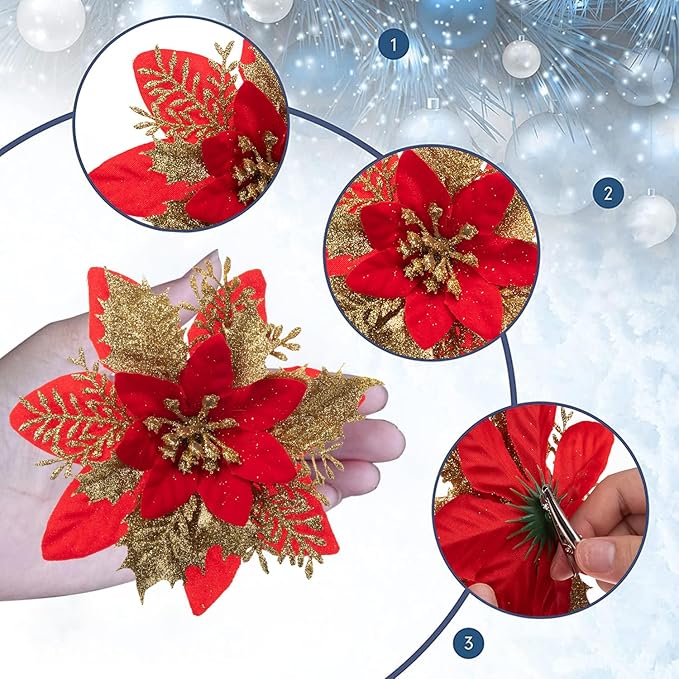 24Pcs Christmas Poinsettia Artificial Flowers and Glitter Berries Kit, 2 Styles Total 16Pcs Christmas Tree Flowers Ornaments, 8Pcs Christmas Tree Picks for Wedding Holiday Decorations, Red Gold