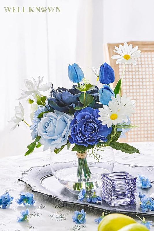 WELL KNOWN Artificial Flowers with Vase Silk Flower Arrangements in Round Bowl Vase with Faux Water for Home Table Decoration (Mixed Blue)