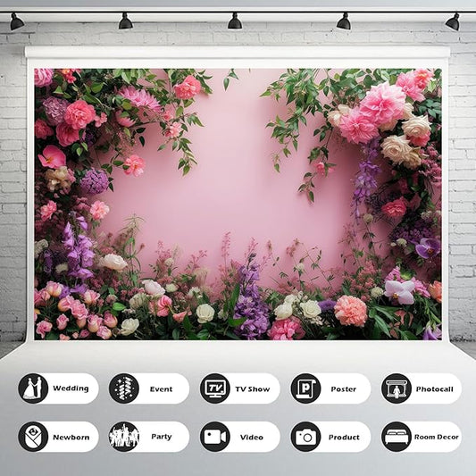 7x5ft Flowers Backdrop Colorful Flowers Composition Green Leaves on Pink Photography Background for Girls Kids Children Wall Banner Cake Table Decorations Video Studio Photo Portrait Props