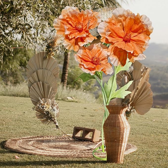 Giant Flowers for Decoration, 3pc Wedding Reception Essential Decoration, Big Artificial Flower with Stems and Stands for Birthday Ceremony Party Event Mall Window Display Decorations (Orange)