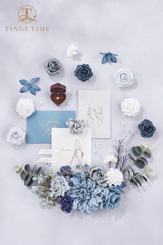 TINGE TIME Artificial Flowers Dusty Blue Flower Combo for DIY Wedding Bouquets Table Centerpieces Arrangements Party Baby Shower Home Decorations