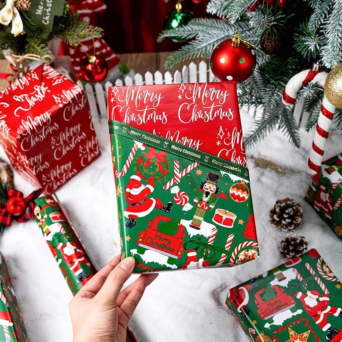 MAYPLUSS Christmas Nutcracker Wrapping Paper Roll - 17 Inch X 33 Feet - Metallic Gift Wrapping Paper Christmas Tree Holly Santa Claus Candy Cane Reversible Snowflakes for Holiday Party New Year Kids