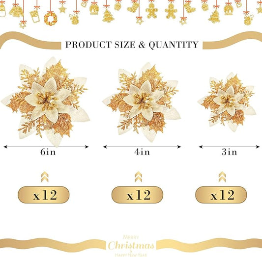 Geosar 36 Pcs Christmas Glitter Artificial Poinsettia Flowers Xmas Poinsettia Artificial Wedding Flowers Decorations Xmas Tree Ornaments with Clips for Party, 6 Inch, 4 Inch, 3 Inch(Gold)