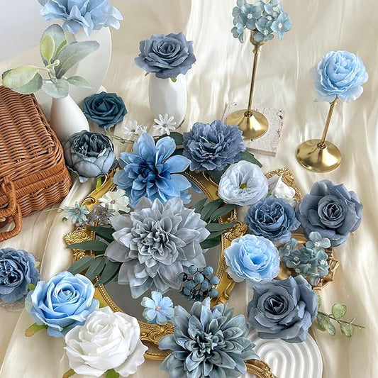 Dusty Blue Artificial Flowers Combo Box Set Silk Roses Dahlia with Stems DIY Bridal Wedding Bouquets Navy Royal Blue Cake Fake Floral Arrangements Baby Shower Party Table Centerpieces Home Decor Bulks