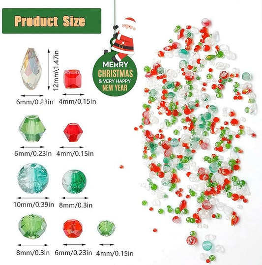 1000pcs Christmas Glass Beads for Jewelry Making Assorted Crystal Beads for DIY Crafts Bracelets Necklaces Earrings and Christmas Decorations Ornament Kits(Red Green White)
