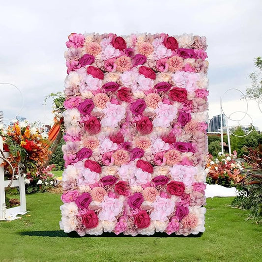6PCs Floral Backdrop, Realistic Silk Rose Wall, 23.6 * 15.7 in Artificial Flower Wall Decor for Wedding, Home Decor (Fuchsia)