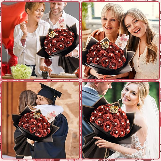 25 Pcs Red Glitter Roses Bouquet,DIY Artificial Bouquet of Shiny Red Faux Rose Flowers Bouquet with Stem Pearl Crown for Wedding Bouquet Centerpiece Floral Arrangement Bride Shower Party Home Decor