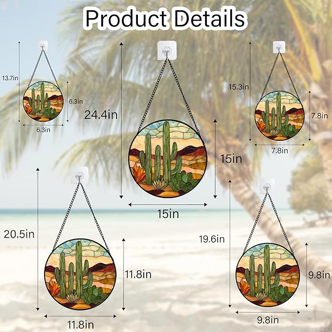 Stained Glass Window Hanging, Green Cactus Sun Catcher for Door Terrace Garden Home Decor, Abstract Desert Landscape Suncatcher Birthday Gifts for Lovers Women Men Dad Mom Nana 9.8 in