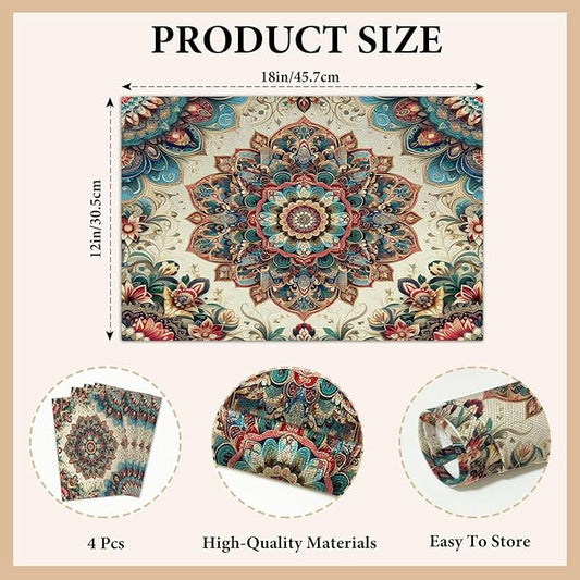 Cotton Linen Waterproof Placemats Set of 4, Boho Ethnic Style Dining Mat Table Mats Decor Fabric for Kitchen Dinner Coffee Shop Table, Indoor/Outdoor Washable Wipeable Placemat -N019