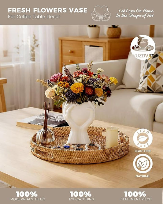 A Heart Held in Two Hands White Vases for Flowers - Cute Modern Small Ceramic Flower Vase for Pampas Grass - Decorative Table Vase for Coffee or Dining Table Centerpiece, Shelf - Gift for Mom (White)