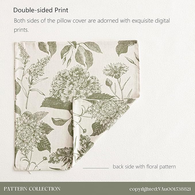 Foindtower Set of 2 Linen Floral Throw Pillow Covers Neutral Vintage Print Decorative Cushion Covers Farmhouse Boho Home Decor for Sofa Chair Couch Bedroom Living Room,22×22 Inch,Sage Green