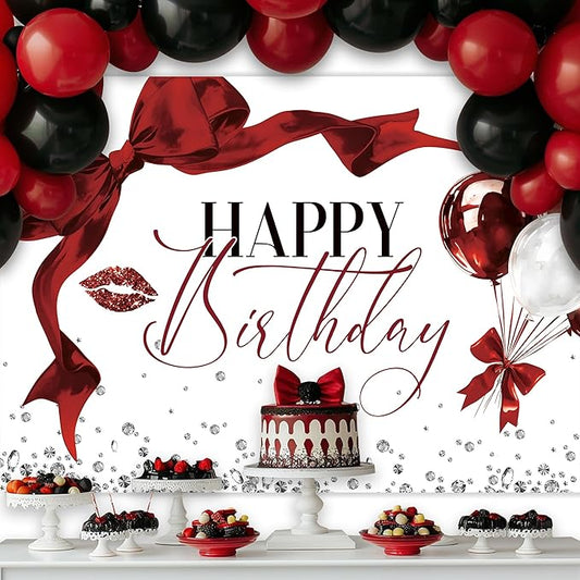 Burgundy Bow Happy Birthday Banner Backdrop 7Wx5H Photography Girls Coquette Birthday Decorations Red Balloons Background Women Bachelorette Party Decorations Banner Photo Booth Props Supplies