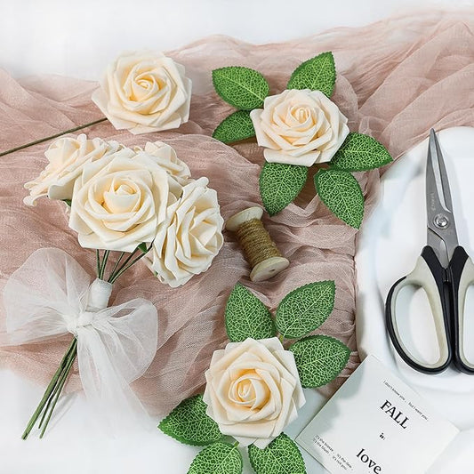 Meldel Artificial Flower 25pcs Real Touch Champagne Rose Fake Foam Roses with Stems for DIY Wedding Bouquets Gifts Bridal Shower Faux Floral Centerpieces Arrangements Home Party Tables Decorations