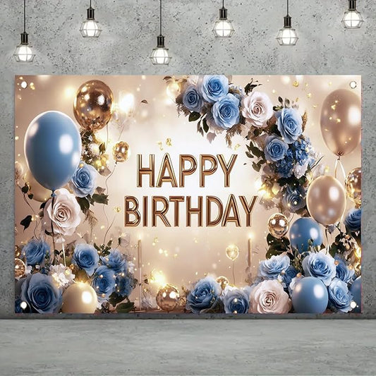 Blue and Gold Happy Birthday Backdrop Banner Elegant Floral Balloon Photography Background Birthday Party Decorations Glittering Rose Blue Gold Balloons Banner Supplies 71x43 Inch