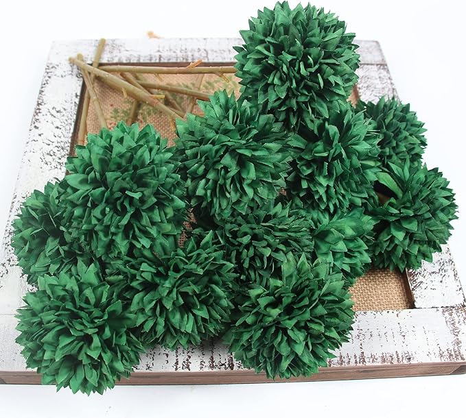 Tinsow 12 Pcs Green Artificial Flowers Faux Ball Chrysanthemum Flowers for St. Patrick's Day Christmas Home Decoration (12, Blackish Green)
