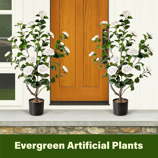 Artificial Camellia Tree,2Pack 3.2FT Faux White Camellia Plants in Pots,Lifelike Artificial Flower Trees for Indoor Outdoor Home Decor,Realistic Blooming Faux Plants for Living Room Porch Patio Office
