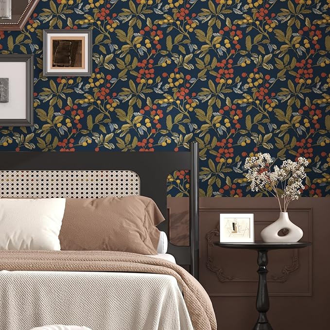 Navy Blue Floral Wallpaper Peel and Stick, Vintage Contact Paper 17.5" x 118", Dark Leaf Botanical Boho Wall Paper Self Adhesive Waterproof Removable for Room Shelve Cabinet Drawer Table Decor