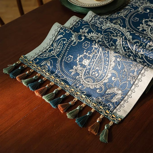 13×72 Inch Table Runner, Retro-Luxury Tassels Series for Kitchen Dining Table Holiday Decoration (Blue Pheonix)
