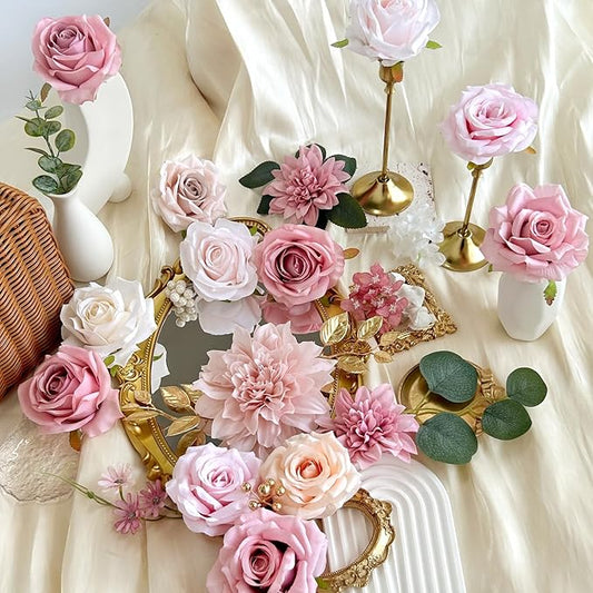 Silk Artificial Flowers Combo Box Set Dusty Pink Roses Gold Flowers Blush Pink Bridal Wedding Bouquets Cake DIY Fake Floral with Stems Arrangements Baby Shower Party Table Centerpieces Home Decor