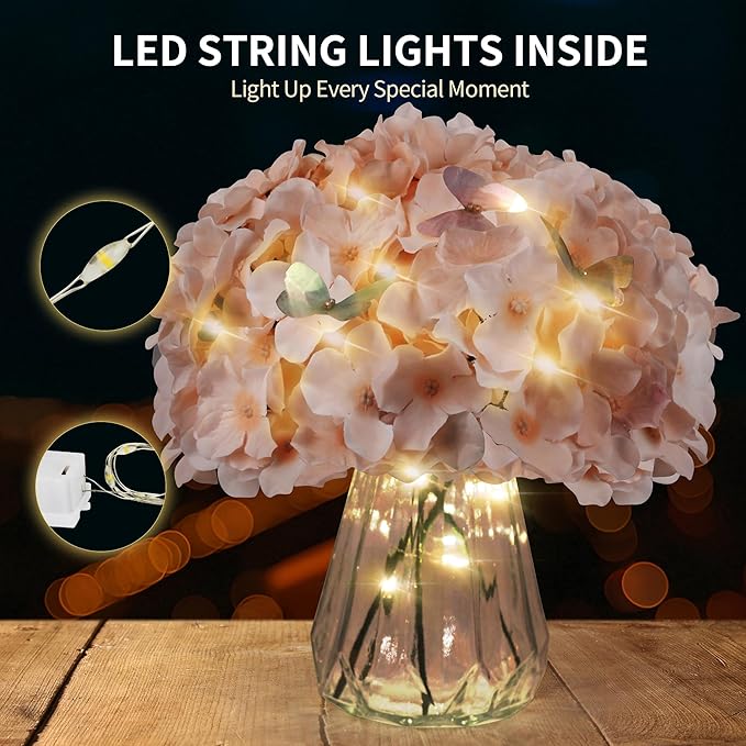 64PCS Artificial Hydrangea Flowers with Stems, Silk Hydrangea Heads with LED Decorative Lights, Crystal Strings & Butterfly Accents for Wedding Centerpieces and Home Decor(64, Pink)