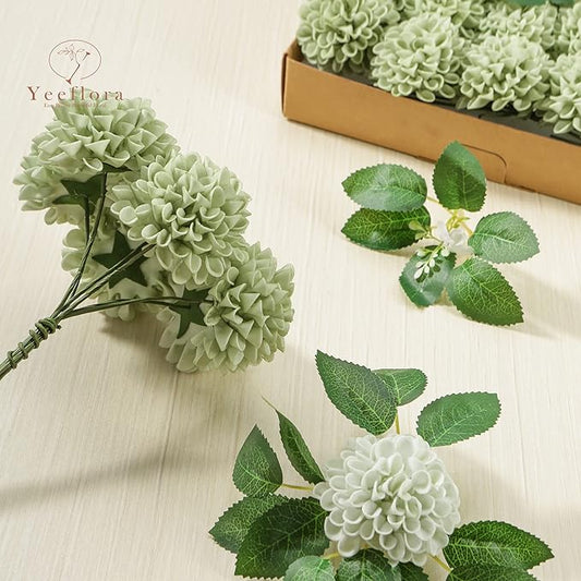 Artificial Flowers, 25pcs Realistic Artificial Rose for DIY Wedding Bouquets Centerpieces Arrangements, Sage Green Dahlia Flowers with Stem for Bridal Shower Party Home Decorations