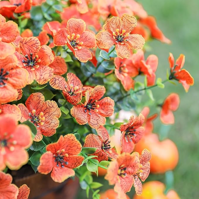 Artificial Fake Fall Mums Flowers Plants for Outdoor Outside Decoration, 12 Bundles Faux Silk Orange Daisy UV Resistant Look Real for Autumn Front Door Porch Planter Patio Garden Home