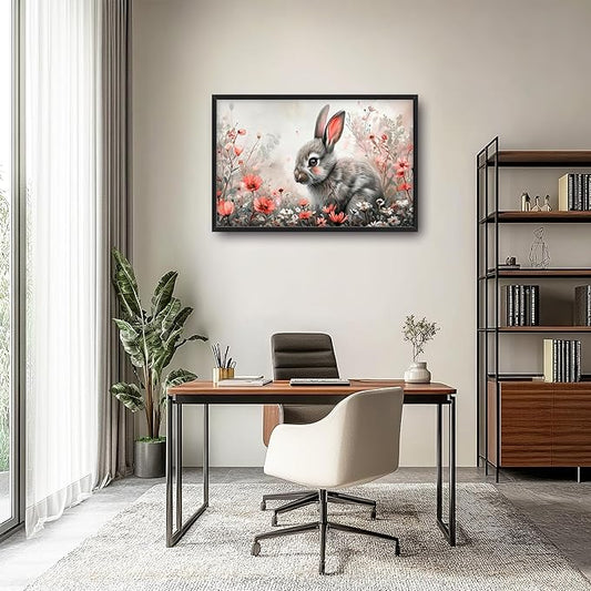 Framed Large Pictures Wall Art for Living Room, Rabbit Bunny Oversized Wall Decor Animal Floral Canvas Print Painting Modern Extra Large Framed Artwork for Bedroom Office 36"x24"