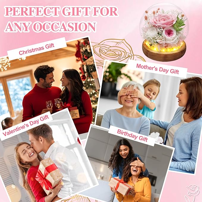 Preserved Rose Forever Flowers in Glass Dome Gifts for Women, Long-Lasting Real Flowers,Red Eternal Rose Birthday Gifts for Mom Valentines Day Anniversary for Wife Girlfriend