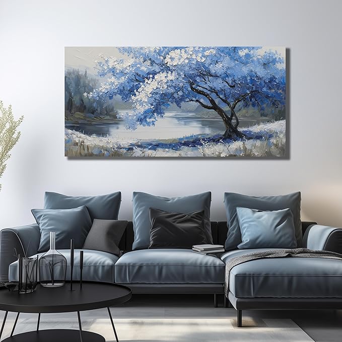 JuhaiArt Scenery Picture Wall Decorations Large Tree Wall Art Blue Canvas Wall Art for Living Room Bedroom Office White Poster 29"x 59"