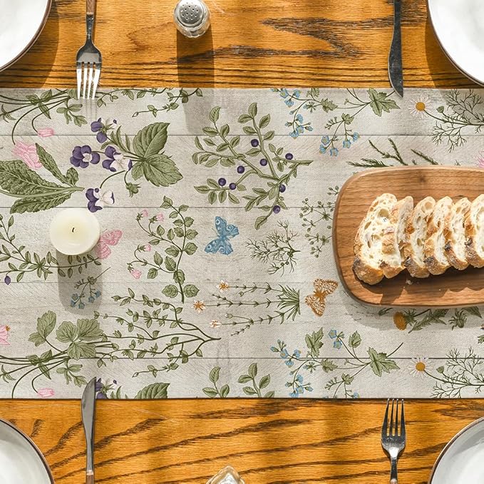 Artoid Mode Wood Wild Flowers Floral Spring Table Runner, Seasonal Summer Kitchen Dining Table Decoration for Home Party Decor 13x108 Inch