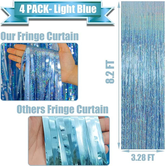 4p Pack Sky Blue Tinsel Foil Fringe Curtain Backdrop, 3.28Ft x 8.2Ft Metallic Streamers for Photo Booth Props Wedding Bridal Shower Bachelorette Birthday Christmas Party Decoration