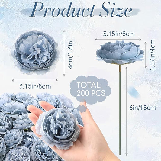 Thiccywoov 200 Pcs Flowers Long Stem Artificial Rose Bulk, 3.2 Inches Silk Rose Head Flowers Faux for Wedding Bridal Bouquet Independence Day Home Floral DIY Centerpieces Party Decoration(Dusty Blue)
